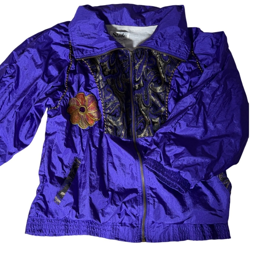Slade Windbreaker Vintage 80s Paisley Floral Applique Womens XL Purple  Metallic